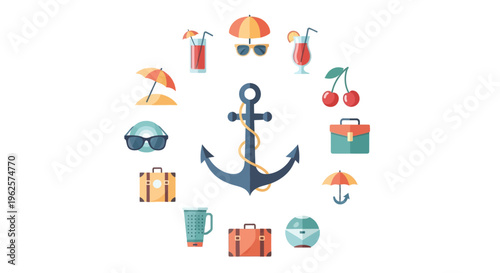 Nautical anchor with summer vacation beach icons in a circular flat design