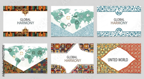 Global harmony concept with world map and united text on colorful patterns and borders