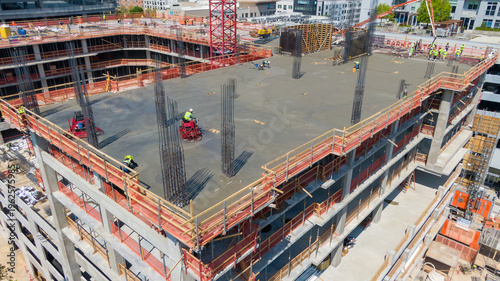 Aerial View of Commercial High-Rise Construction and Concrete Pour in North Hills Raleigh