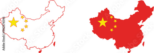 Vector china map illustrations with yellow stars and red outline