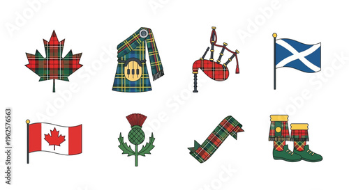 Scottish and canadian symbols including bagpipes tartans and national flags