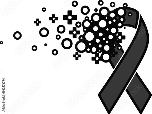 Black awareness ribbon with dissolving particles and medical crosses, mourning and grief symbol vector, melanoma and skin cancer support icon