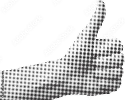 Thumbs up hand gesture symbolizing approval, success, and positivity in black and white halftone pattern, showing a strong and clear positive sign of encouragement and agreement.
