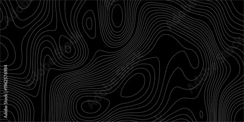black topographic map background with thin grey contour lines, abstract dark mountain geography relief texture