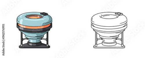 Compact fusion reactor in teal and orange cartoon style and black and white line art version isolated on white background representing clean energy and future power generation