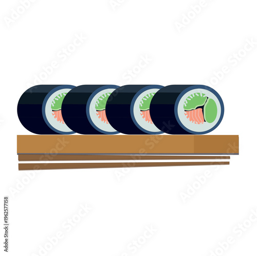 Sushi rolls on wooden board with chopsticks, flat vector illustration.