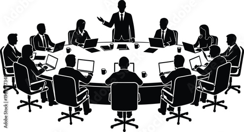 Business meeting silhouette vector, professional corporate team at round conference table, executive leadership board presentation with laptops