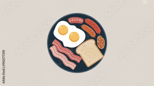 Delicious breakfast plate with eggs bacon sausage and toast on a dark blue plate served on a beige background