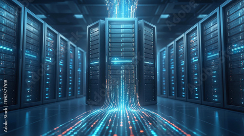Server racks in high-tech data center with glowing digital information streams. Network infrastructure for cloud computing and big data processing.