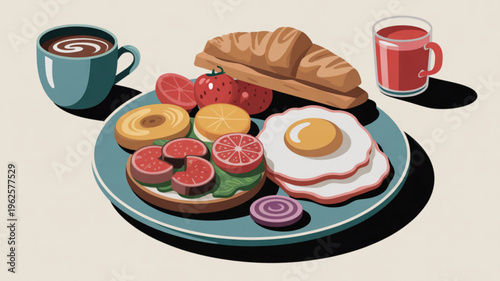 Delicious breakfast plate with egg bacon toast fruit croissant coffee and juice on a table