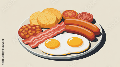 Delicious breakfast plate with eggs sausages bacon toast baked beans and tomatoes on a white plate