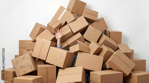 Buried person reaching out from under huge pile of cardboard boxes. Overwhelming clutter and consumerism concept.