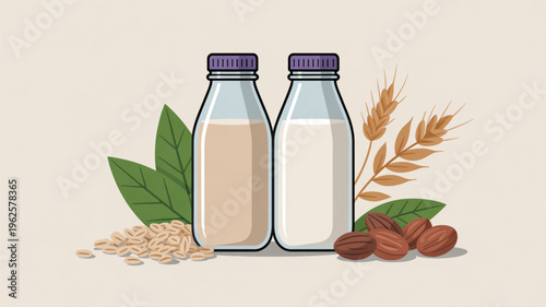 Two glass bottles of plant based milk alternatives with nuts and grains on a beige background