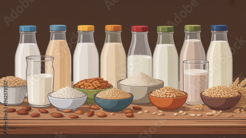 Variety of non dairy milk alternatives and ingredients on wooden table including almond soy oat and rice milk with nuts and grains scattered around healthy beverage options