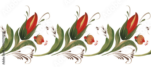 Vector floral seamless border pattern from hand painted flowers on a white background