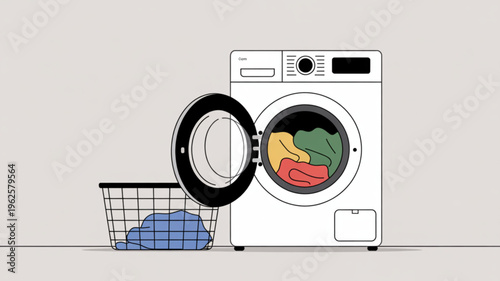 Laundry day with washing machine and basket full of colorful clothes