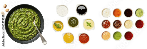 Assorted gourmet sauces and dips set in small bowls isolated on white background food collection