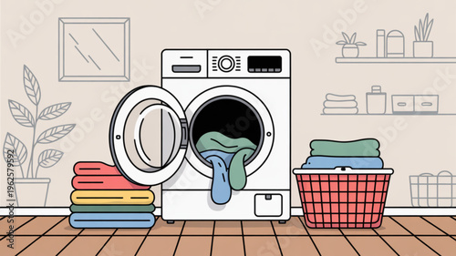 Laundry room scene with washing machine and folded clothes on wooden floor