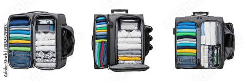 Open suitcase set with neatly organized folded clothes and packing cubes isolated on white background travel concept
