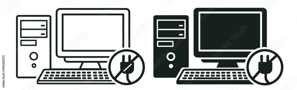Fototapeta premium computer unplug power icon, desktop device energy saving vector symbol, electricity shutdown and eco consumption line illustration on transparent background