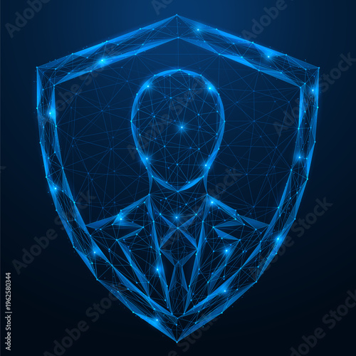 Digital identity protection. The figure of a man enclosed inside the shield. The concept of cybersecurity, data protection, privacy, user identification and digital security.