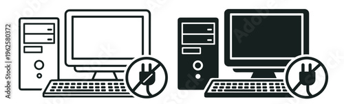 computer unplug power icon, desktop device energy saving vector symbol, electricity shutdown and eco consumption line illustration on transparent background