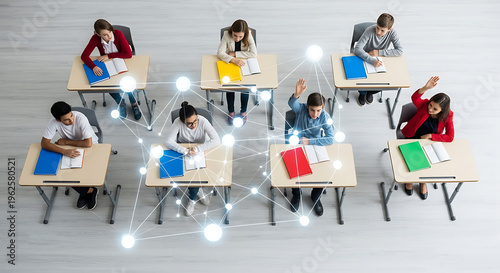 Diverse students raising hands in class, engaging in interactive learning and communication