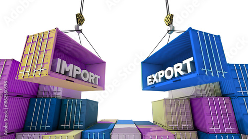 Stacked shipping containers labeled import and export at cargo port under clear sky