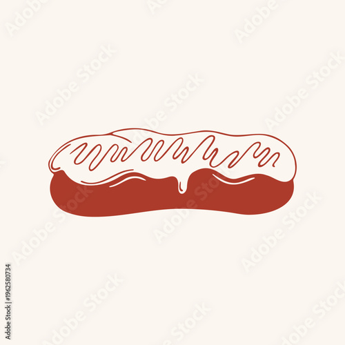 French glazed eclair in red line art style. Vector illustration for bakery, cafe menu, sticker and dessert design. Minimalist hand drawn dessert icon isolated on light beige background
