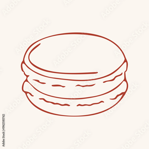 French macaron in red line art style. Simple vector illustration for bakery, cafe menu, sticker and sweet dessert design. Minimalist hand drawn pastry on light beige background