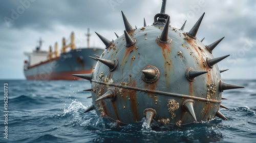Sea mine floating in shipping lane with bulk carrier in background. Concept of maritime security threats and naval warfare.