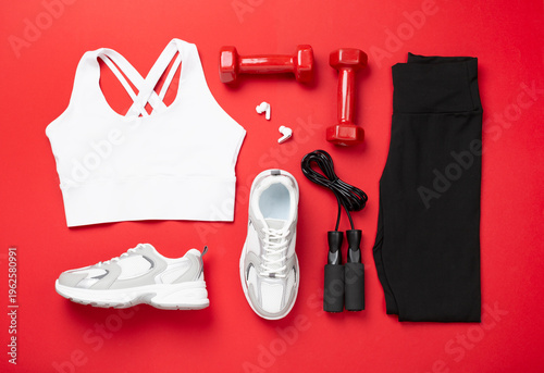 Woman sportwear outfit with equipment on color background, top view