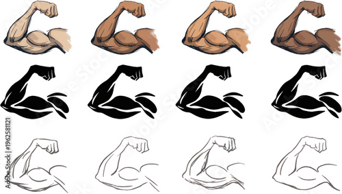 Flexed Arm Muscles in Various Skin Tones and Line Styles