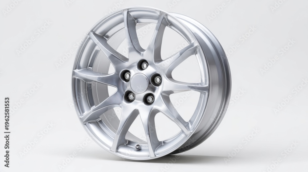 Fototapeta premium Silver multi spoke alloy wheel shown in close up on a white background in a well lit studio setting for product display