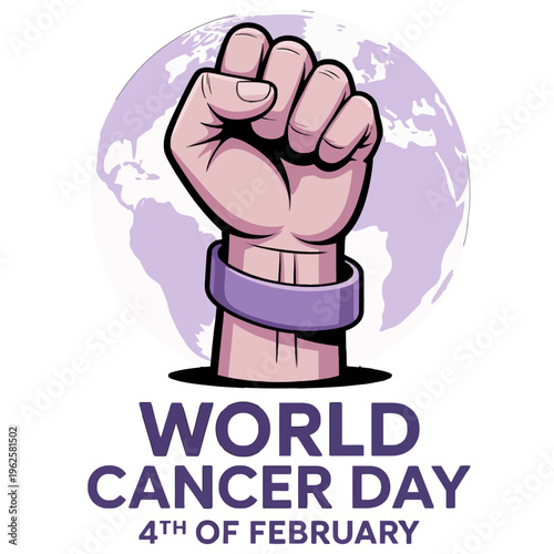 Fist with purple band World Cancer Day.