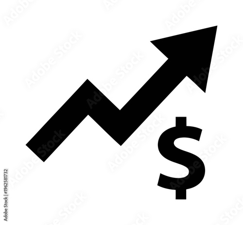 Financial growth arrow icon with dollar symbol | black silhouette of rising market trend representing profit increase | minimalist vector illustration
