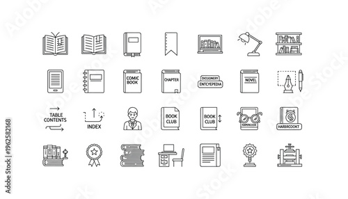Collection of line icons related to books and education