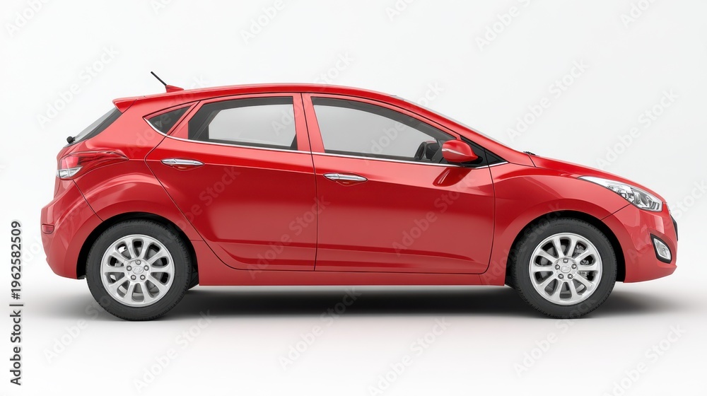 Obraz premium Side view of a clean red compact hatchback car on a white background for automotive catalog display