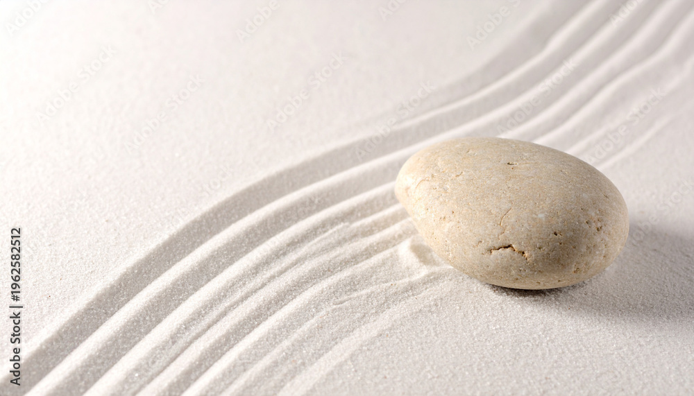 Obraz premium Single smooth light brown stone rests on raked white sand with gentle wave patterns