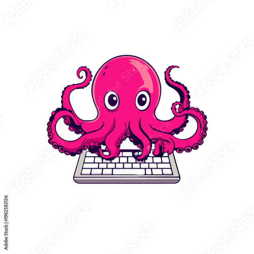 Octopus Typing Keyboard. Pink Tentacle Typing on Computer. Cartoon Animal Using Technology for Communication. Happy Creature Surfing the Internet and Social Media, E-commerce, Working at home