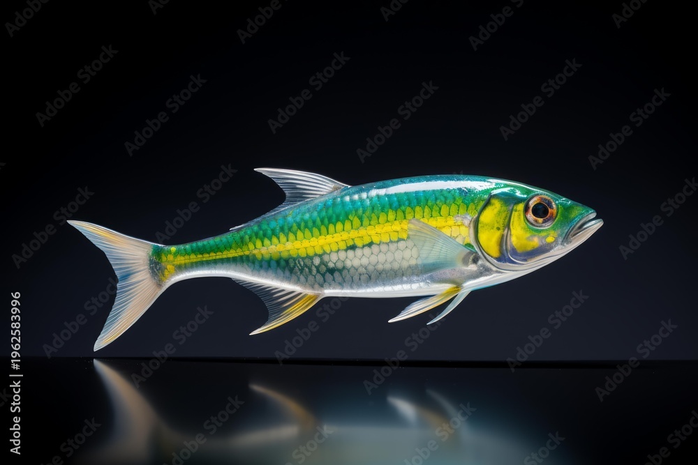 Fototapeta premium Vivid fish displaying striking green, yellow, and silver scales with a dark background