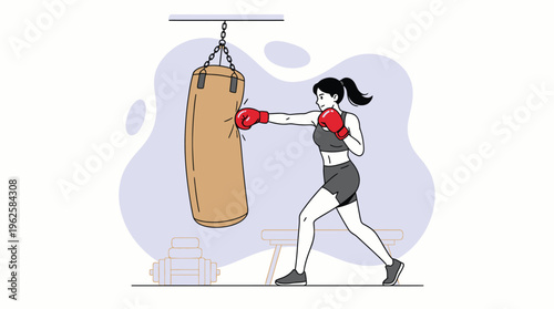 Energetic Young Woman Training Boxing in Gym, Delivering Powerful Punch to Heavy Bag. Fitness and Sports Concept.