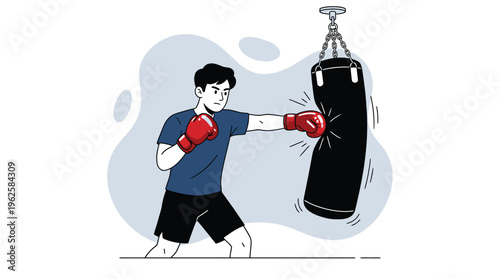Dynamic Young Man Training Boxing with Punching Bag in Gym - Fitness and Sport Concept Illustration