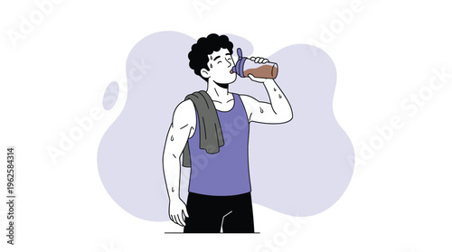 Young Man Rehydrating with Protein Shake after Intense Workout, Sweating Profusely and Carrying a Towel