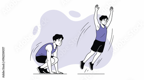 Full Body Workout Illustration of Young Man Executing a Broad Jump, Showing Dynamic Exercise Motion and Athletic Training