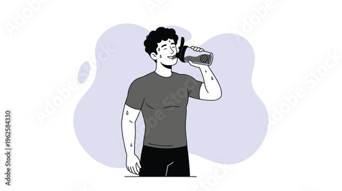 Happy Man Drinking Protein Shake After Workout, Hydrating with Sports Drink in Flat Illustration Style