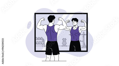Confident Young Man Flexing Biceps in Gym Mirror, Showcasing Strength and Fitness Progress in Modern Illustration