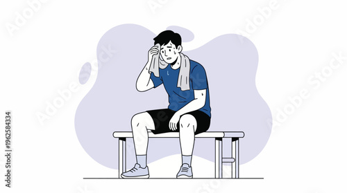 Illustration of a Tired Young Man Wiping Sweat from His Forehead with a Towel After Exercise or Due to Heat, Sitting on a Bench