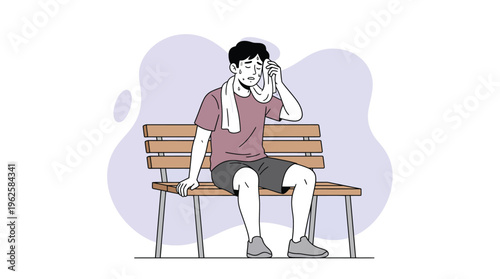 Exhausted Young Man Sweating After Workout Sitting on Park Bench Illustration