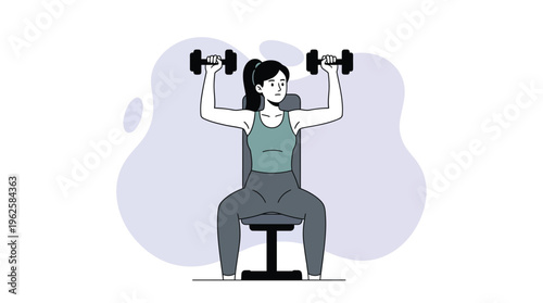 Focused Woman in Sportswear Performing Dumbbell Shoulder Press Workout on Bench in Minimalist Gym Setting